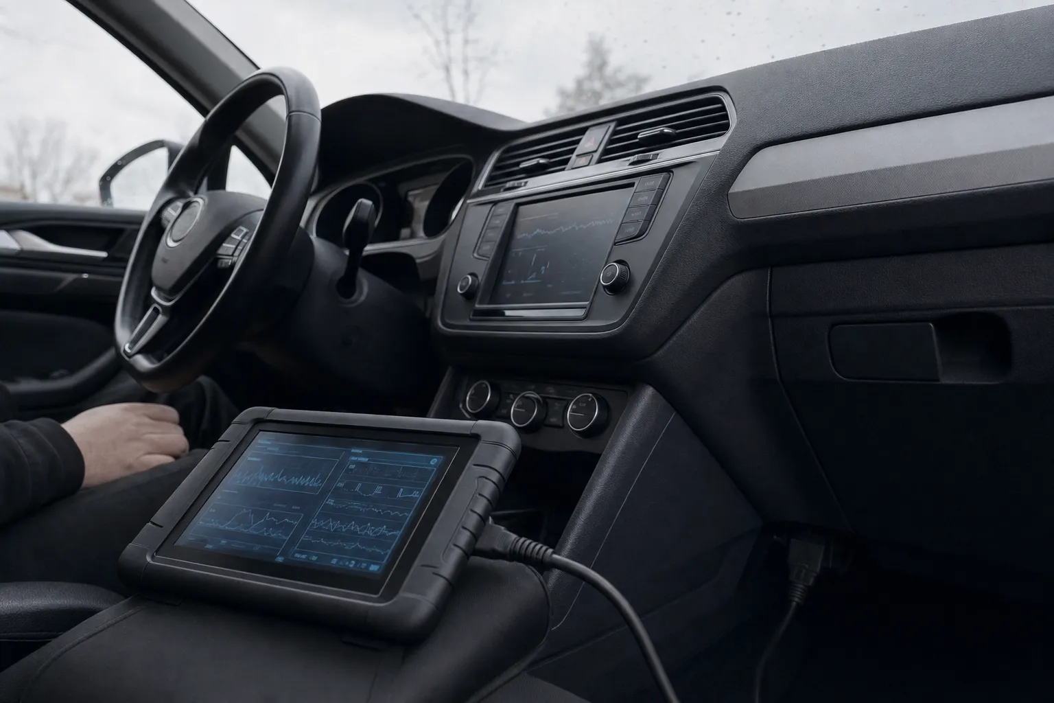 Valise de diagnostic reliée à la prise OBD du véhicule.