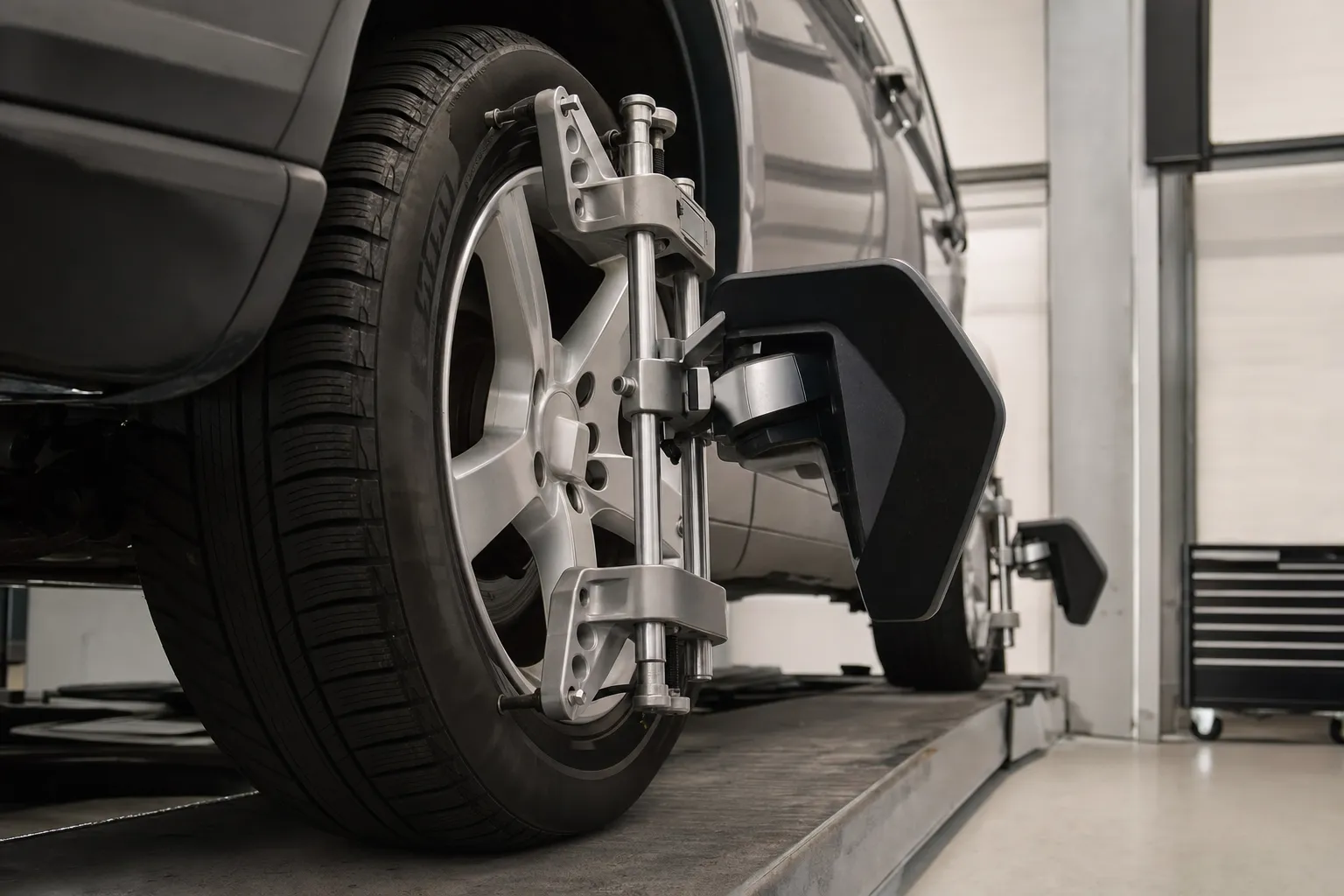 Tête de mesure fixée sur une roue pour un contrôle de géométrie.